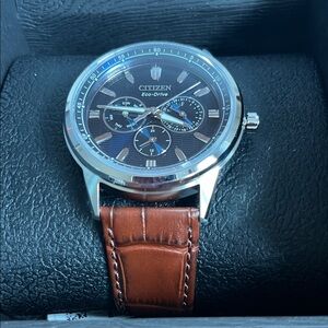 Citizen Eco-Drive with Silver Case and Brown Strap